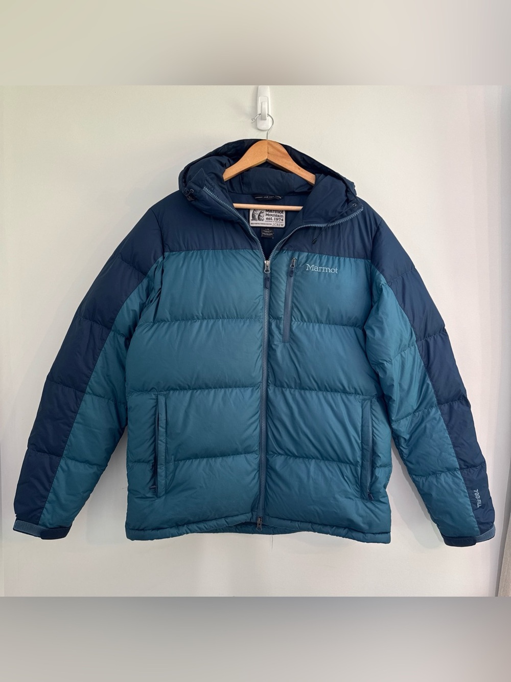 Marmot Down Puffer Jacket J.Crew Mens Large Blue Colorblock 700 Fill Zip Pockets